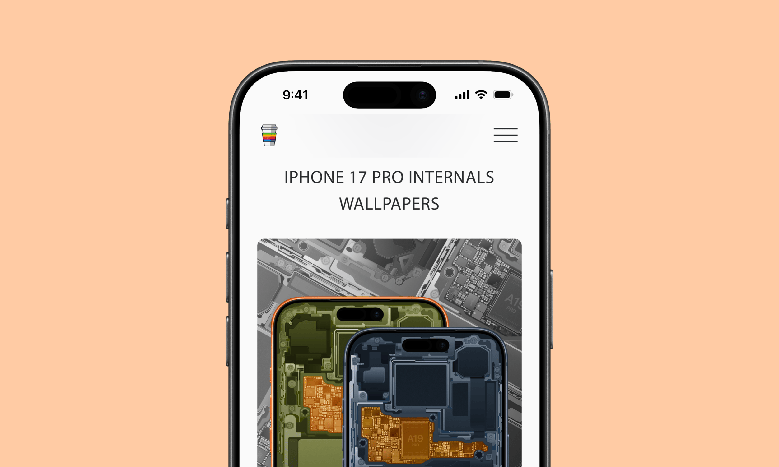 A smartphone screen displays "iPhone 17 Pro Internals Wallpapers" above an image showing the detailed internal components of two smartphones, one with an orange frame and the other with a dark gray frame.