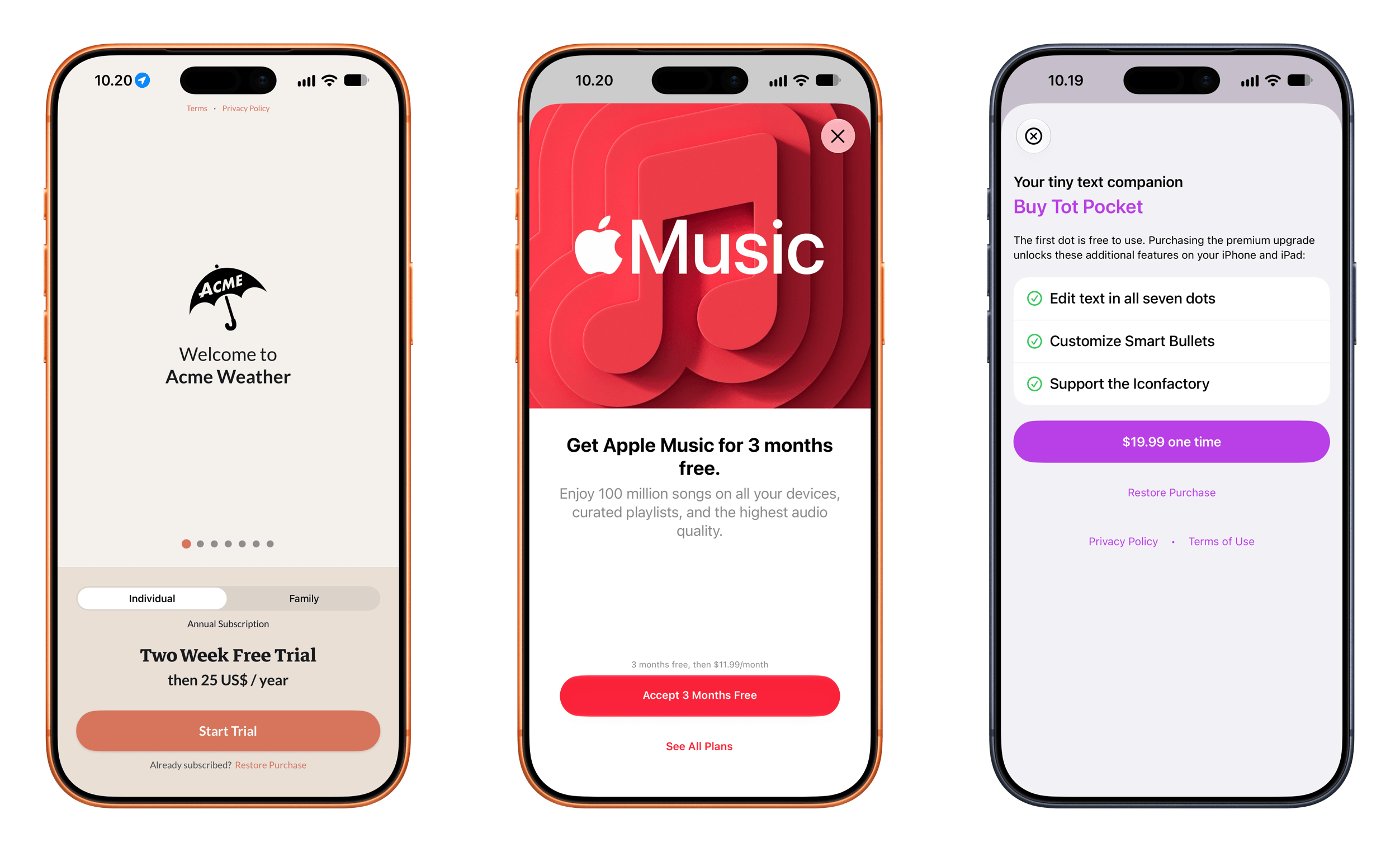 This image displays three different iOS application screens featuring subscription and purchase options for Acme Weather, Apple Music, and Tot Pocket.