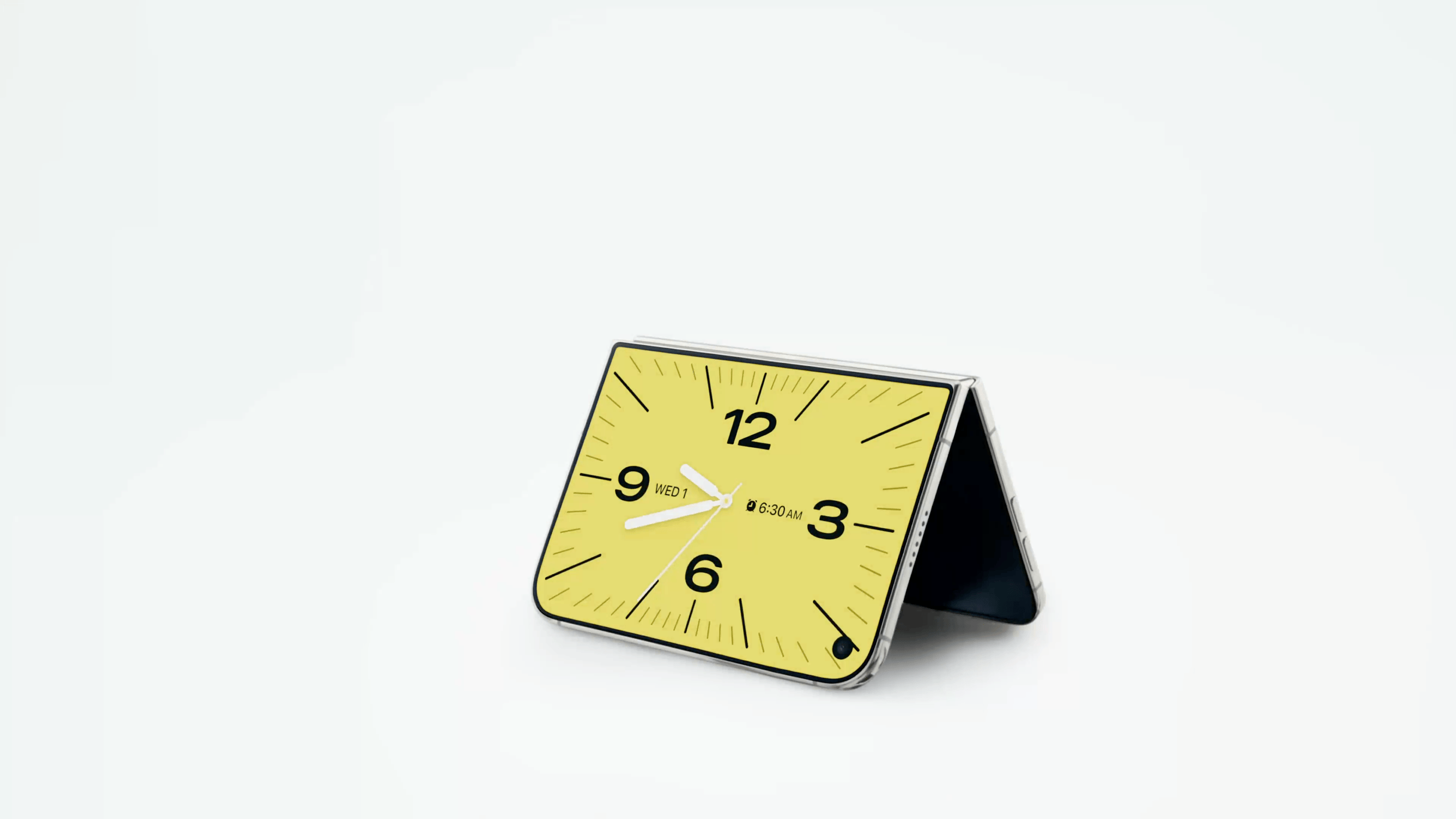 A foldable smartphone resting in a stand position displaying an analog clock face.