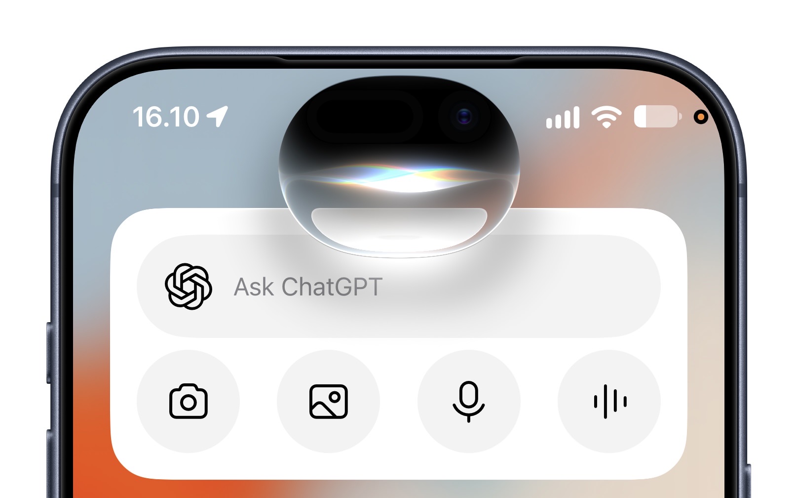 A close-up view of an iPhone screen displaying the Ask ChatGPT widget interface with an active voice interaction animation.
