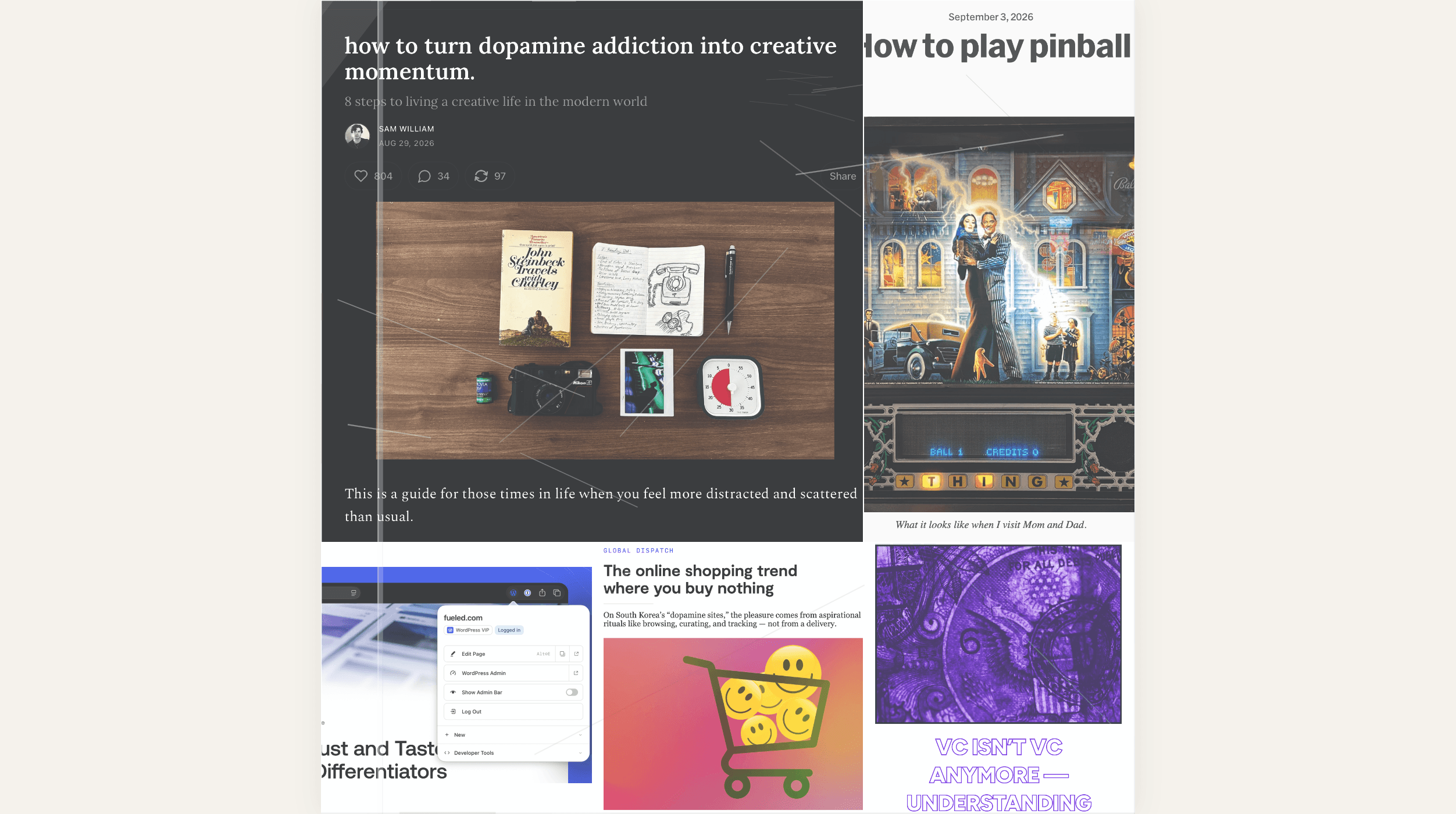 Eine Collage von Webseiten-Ausschnitten mit verschiedenen Artikelüberschriften, darunter Themen wie kreativer Schwung, Flipper, Online-Shopping-Trends und Risikokapital, illustriert mit verschiedenen Fotos und Grafiken.