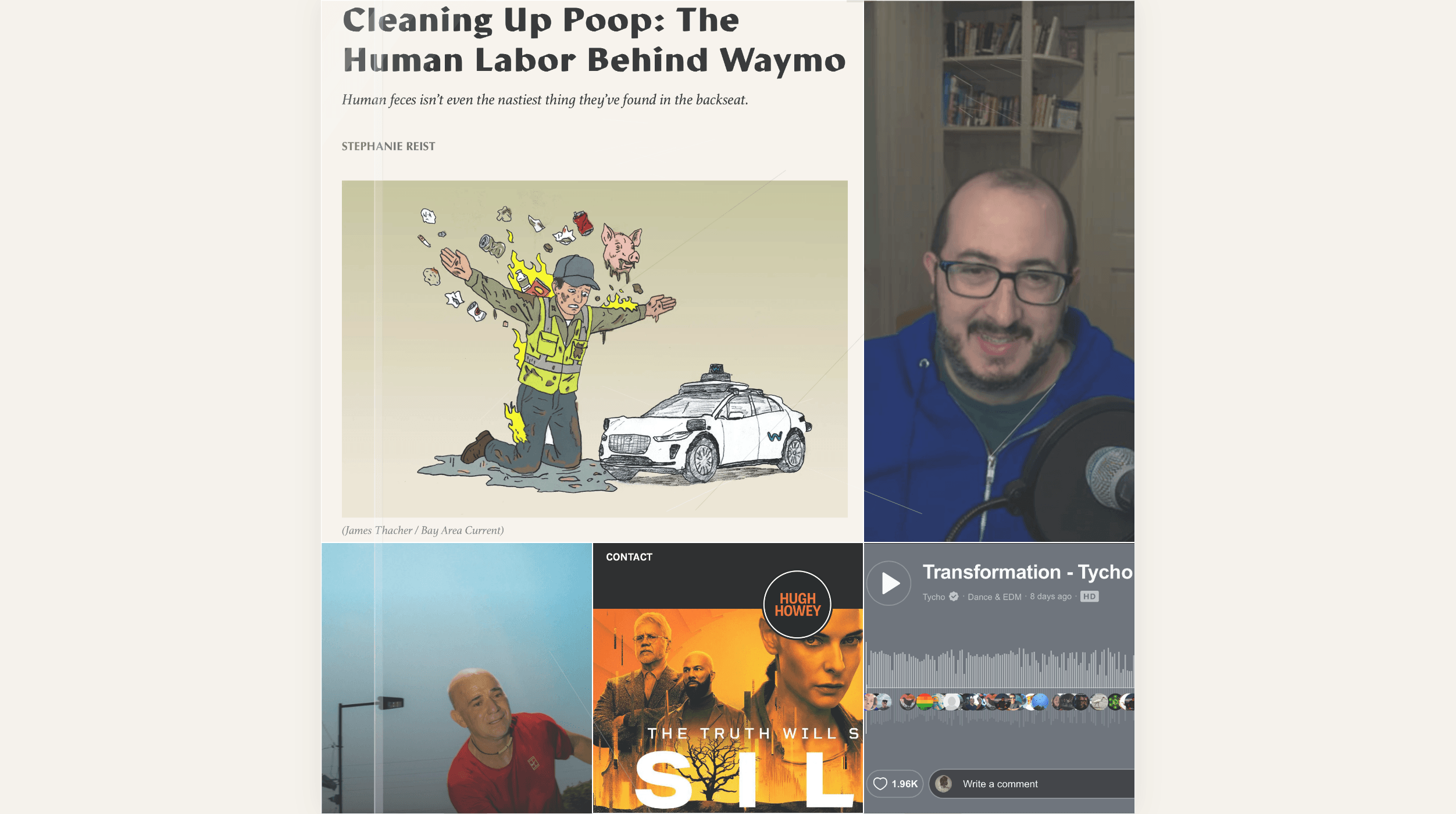 Ein Screenshot eines Web-Artikels mit dem Titel „Cleaning Up Poop: The Human Labor Behind Waymo“, der eine Illustration eines mit Schmutz bedeckten Arbeiters neben einem autonomen Fahrzeug zeigt. Neben dem Artikel ist eine Person zu sehen, die in ein Mikrofon spricht, sowie weitere Vorschaubilder von Medieninhalten und ein Musikplayer am unteren Rand.
