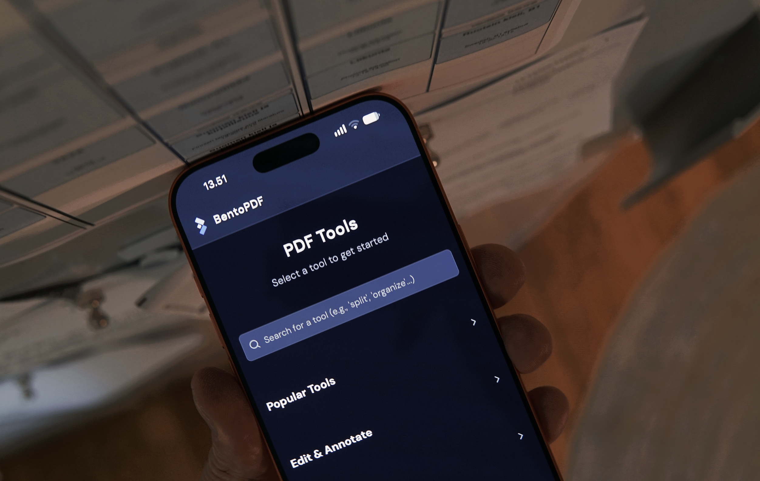 This is a screenshot of the BentoPDF mobile application interface displaying the main tools menu.