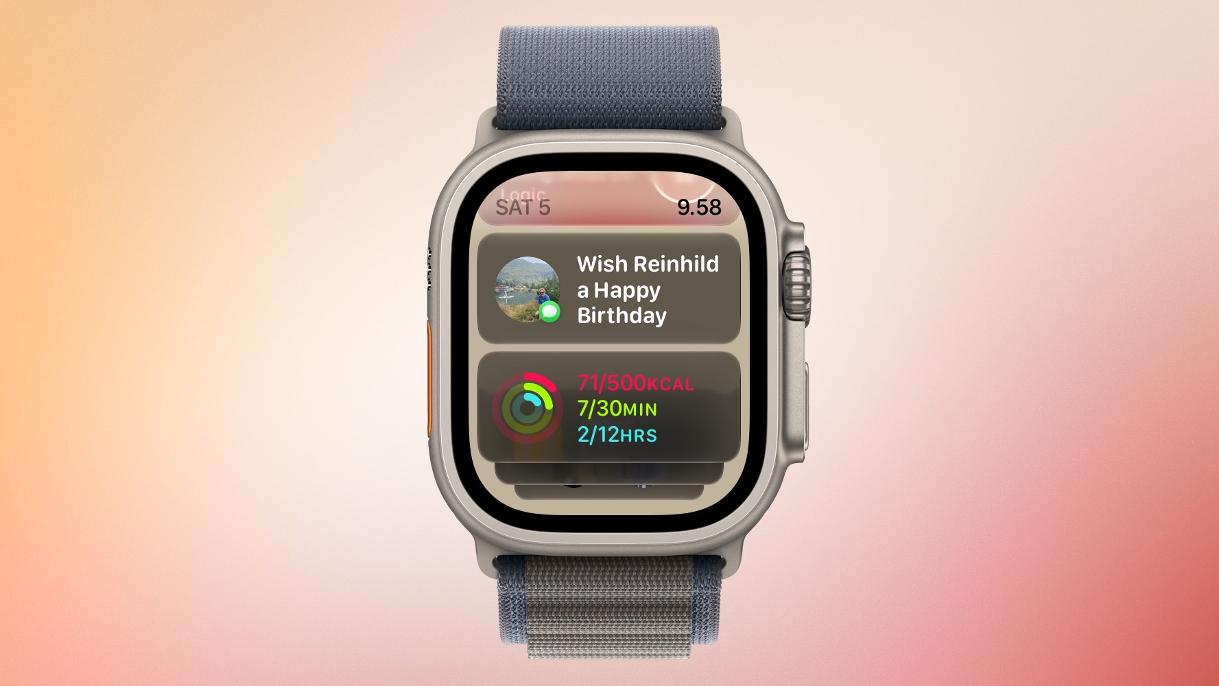 An Apple Watch display showing a Smart Stack with birthday notification and activity ring widgets.