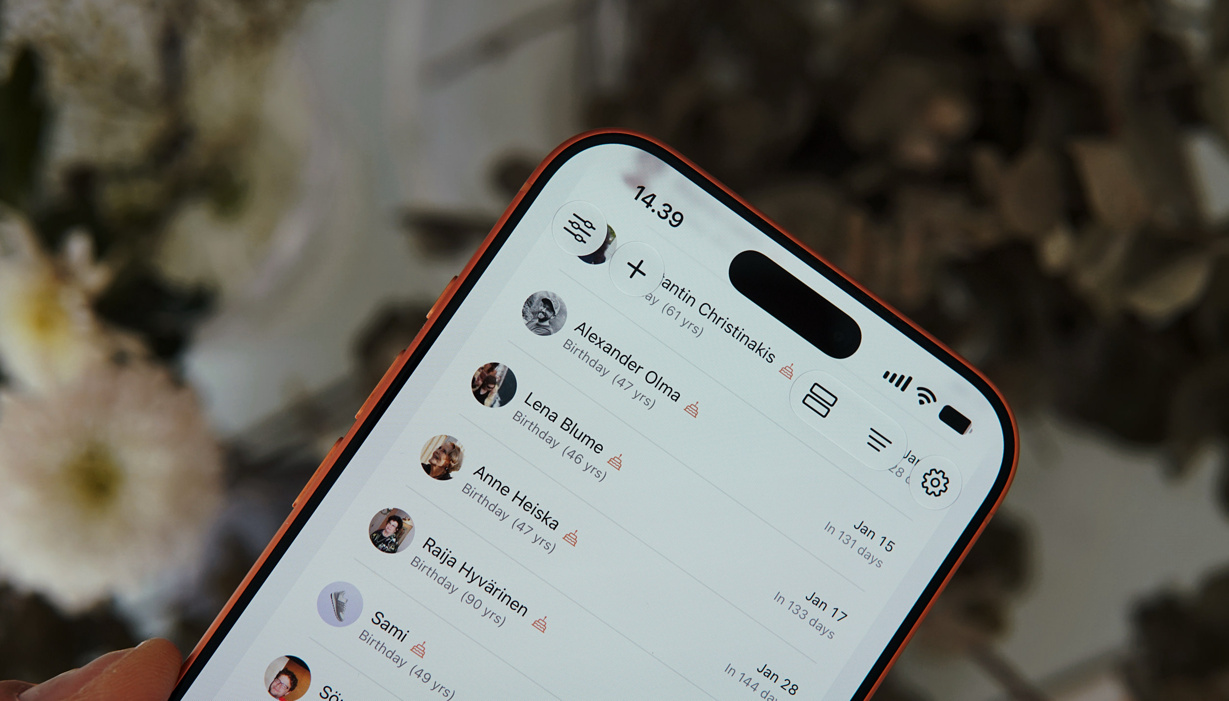 A screenshot of a mobile birthday tracking application showing a list of upcoming birthdays for various contacts.