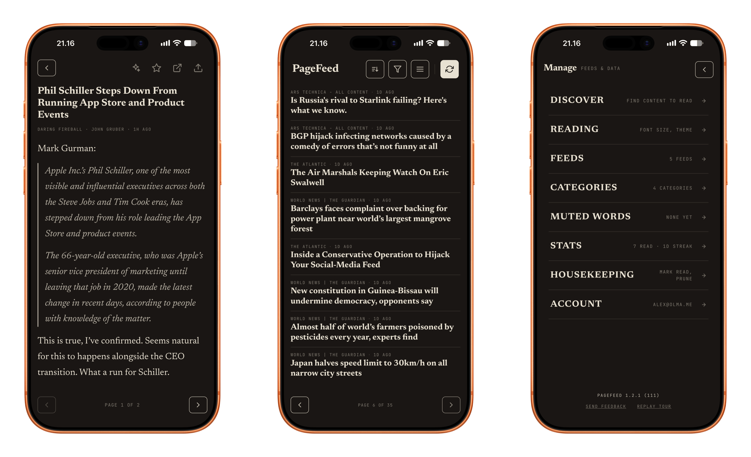 Three screens from the PageFeed mobile application showing an article view, a news feed, and the manage settings menu.