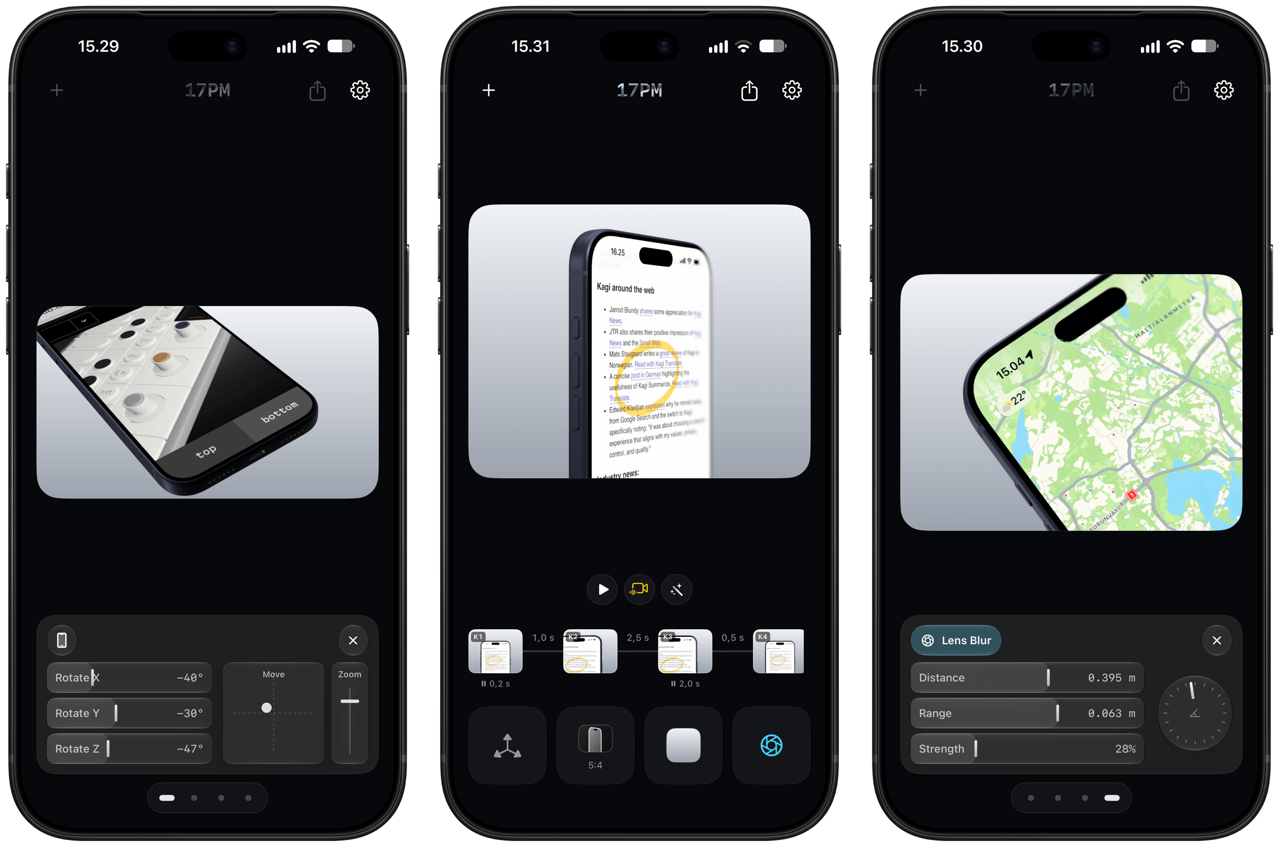Three iPhone screens displaying video editing software with different preview windows: the left shows a rotated perspective of coffee cups on a tray, the center shows a phone screen with highlighted text, and the right shows a map application on a phone.