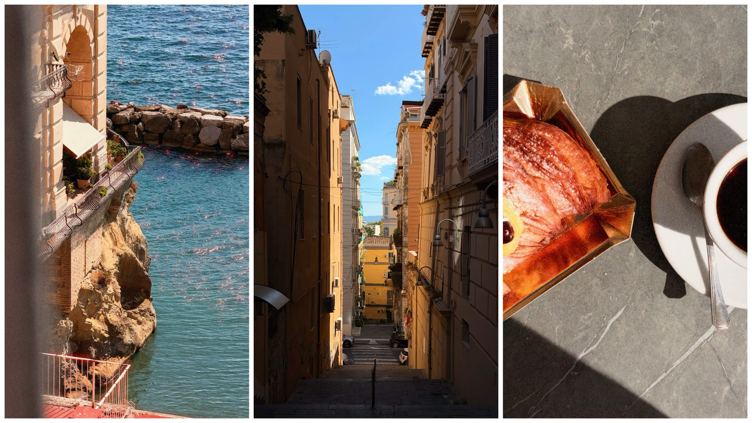 A triptych showing three scenes: a seaside view with buildings on rocky cliffs and the blue sea, a narrow sunlit street lined with tall buildings and stairs leading down, and a close-up of a pastry and cup of coffee casting shadows on a stone surface.